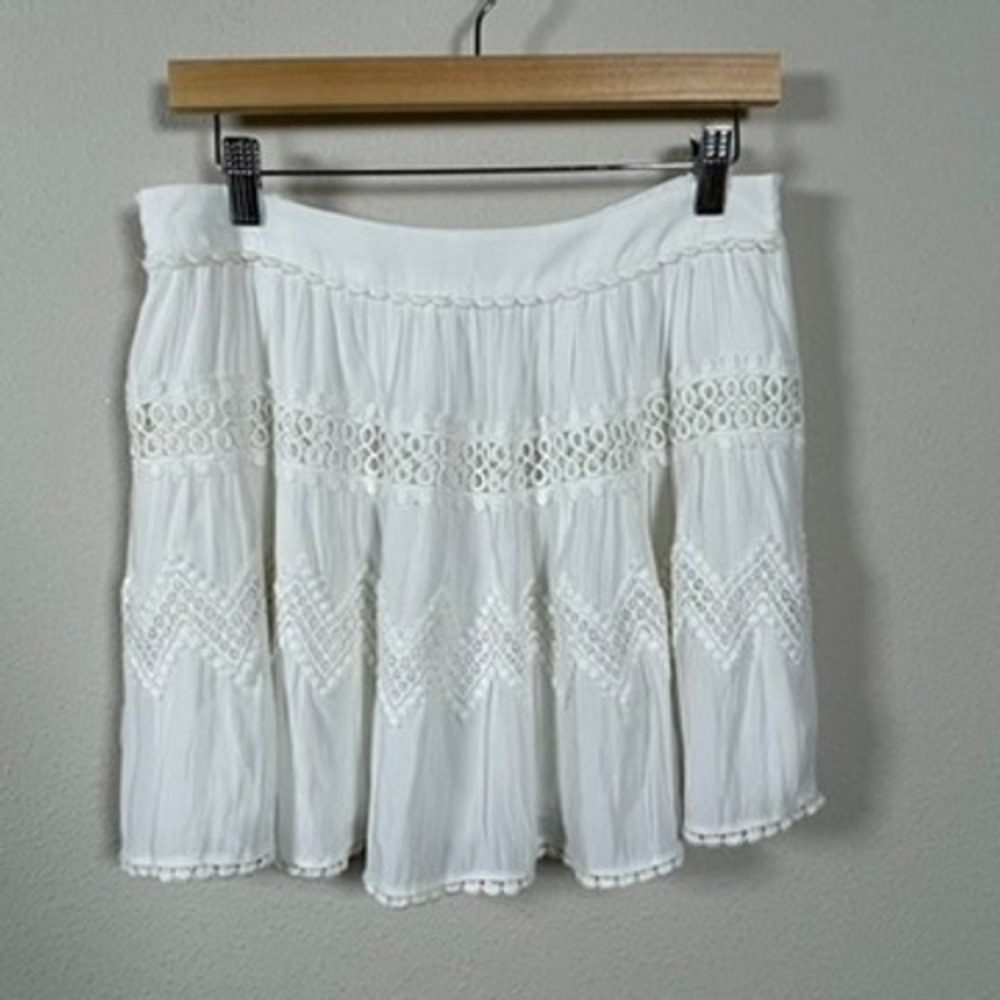 Ramy Brook Mini Skirt Womens Small White Excellent Lace Boho Pom‎ Pom Silk Blend
